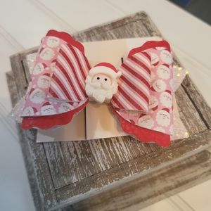 NWT Santa Claus Candy Cane Red Stripe, Faux Leather Bow w Clip, Made in USA!